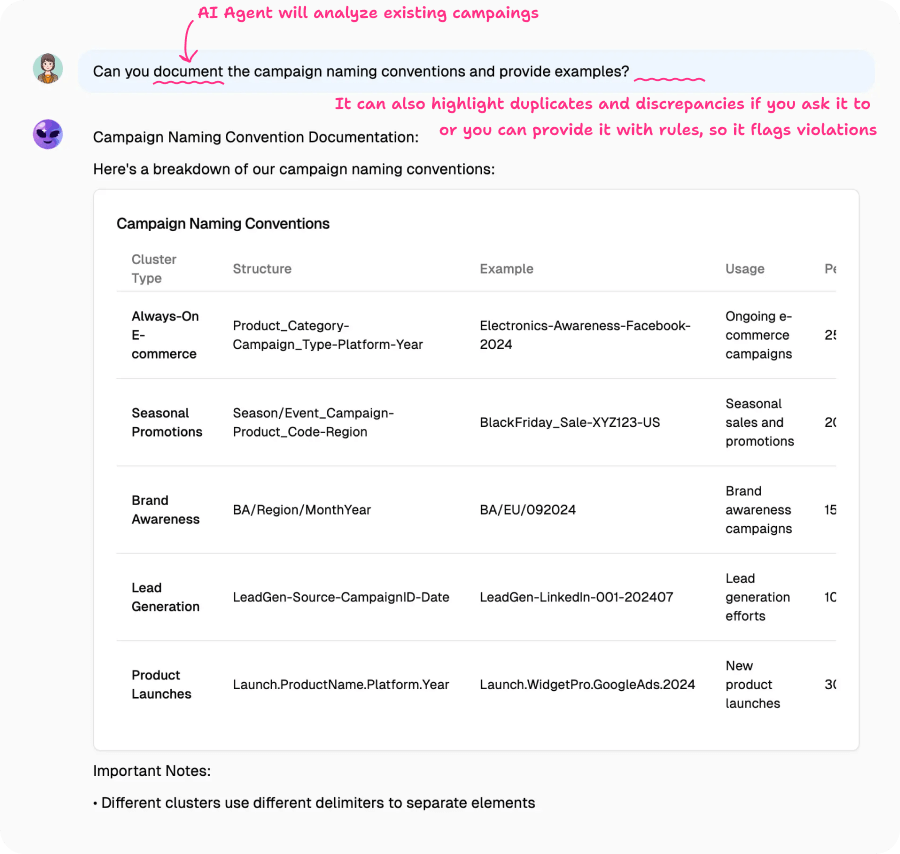 Campaign naming convention documentation showing structured formats for different campaign types including e-commerce, seasonal promotions, and brand awareness