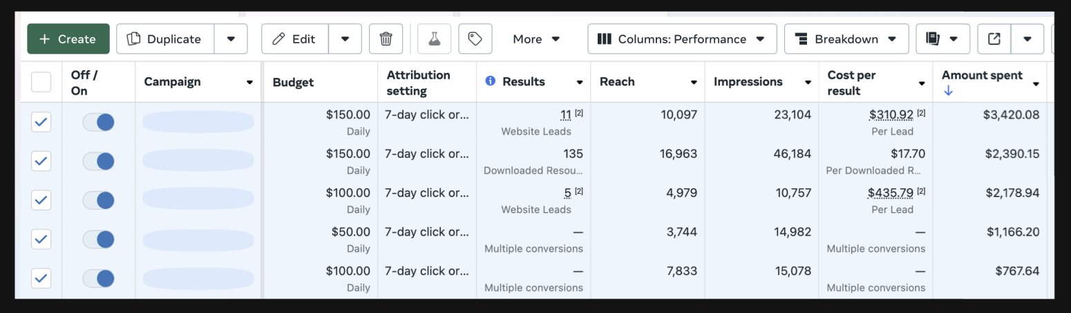 a screenshot from Meta Ads
